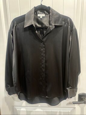 Gianni Bini Black Satin Button-Down Blouse